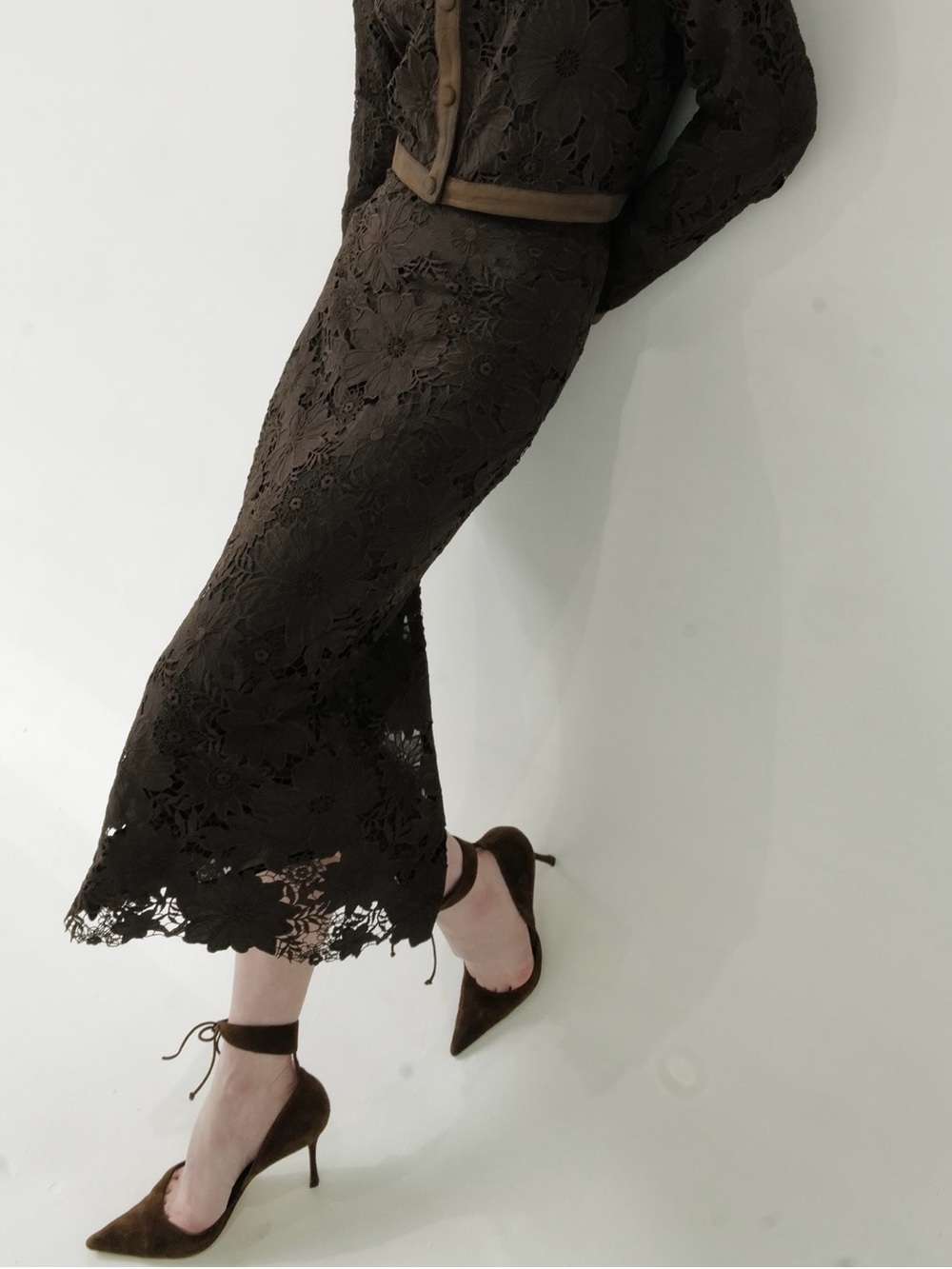 Brown Floral Lace Midi Skirt